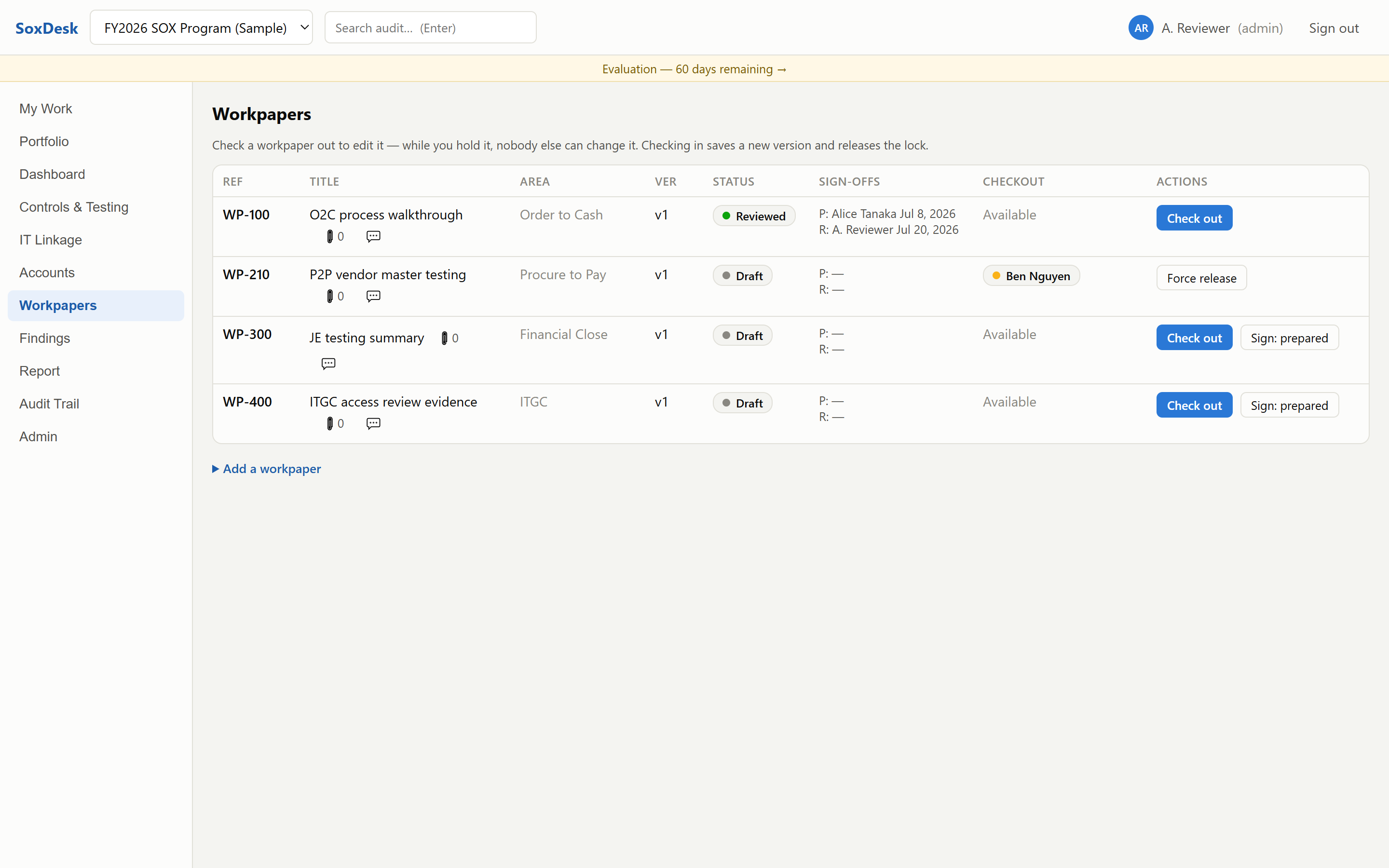 Workpapers page: item-level checkout locks with a workpaper held by another user, version numbers, and prepare/review sign-off names and dates on a reviewed workpaper
